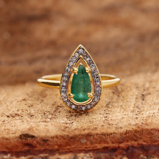 Pear Shape Emerald & Polki Diamond Engagement Ring For Women By Harshita Jewellery