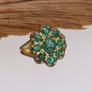 Natural Emerald With Pave Polki Diamond Ring For Womens By Harshita Jewellery