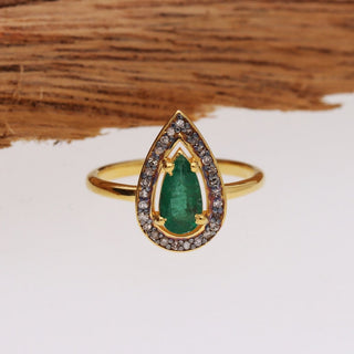 Pear Shape Emerald & Polki Diamond Engagement Ring For Women By Harshita Jewellery