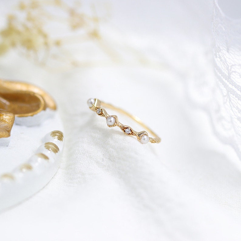 Delicate tiny pearl & CZ diamond ring