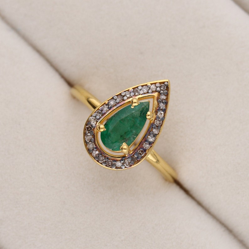 Pear Shape Emerald & Polki Diamond Engagement Ring For Women By Harshita Jewellery