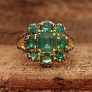 Natural Emerald With Pave Polki Diamond Ring For Womens By Harshita Jewellery
