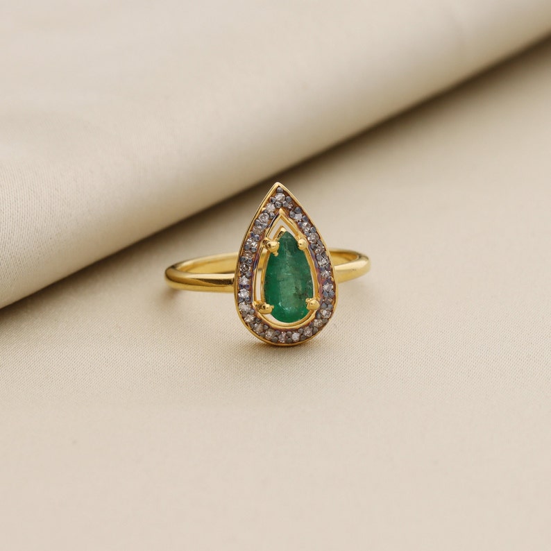 Pear Shape Emerald & Polki Diamond Engagement Ring For Women By Harshita Jewellery