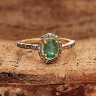 Oval Emerald & Polki Diamond Wedding Ring For Women By Harshita Jewellery
