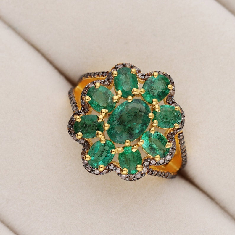 Natural Emerald With Pave Polki Diamond Ring For Womens By Harshita Jewellery