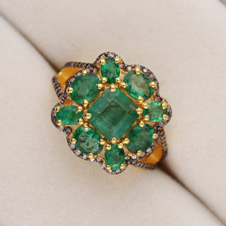 Natural Emerald With Pave Polki Diamond Ring For Womens By Harshita Jewellery