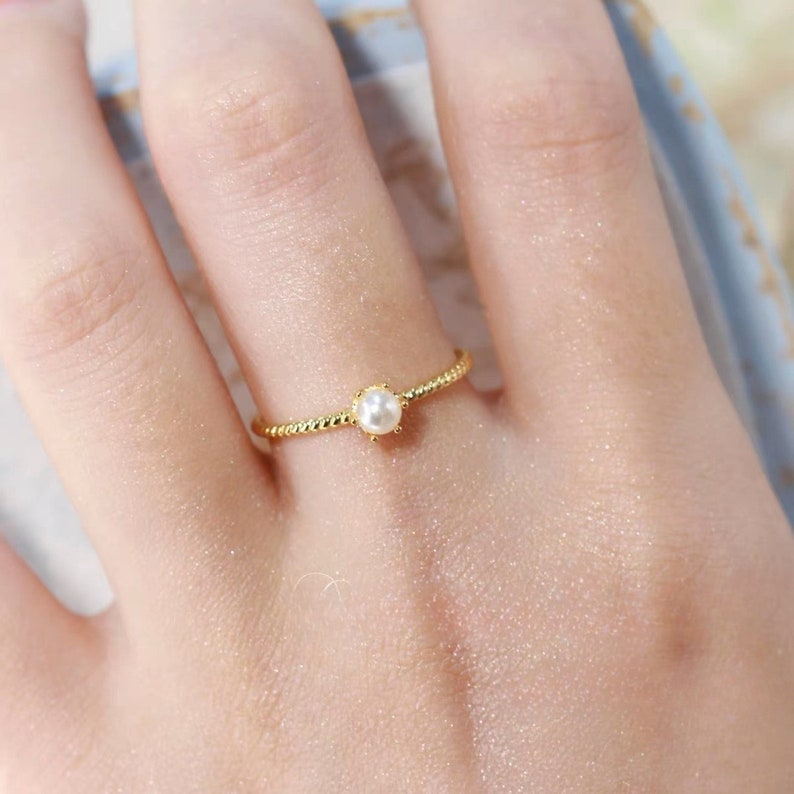 Simple solitaire pearl Ring in gold, Dainty Thin Stackable Ring, Minimalist Ring for women, Everyday ring, handmade jewelry, Gift for Her