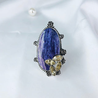Charoite & Citrine Gemstone Ring By Harshita Jewellery
