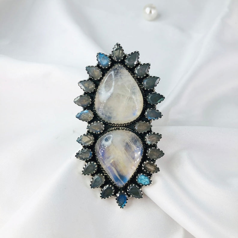 Rainbow Moonstone and Labradorite Ring Gemstone Ring By Harshita Jewellery