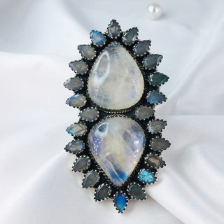 Rainbow Moonstone and Labradorite Ring Gemstone Ring By Harshita Jewellery