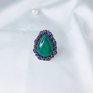 Natural Amethyst, Garnet & Green Onyx Ring By Harshita Jewellery