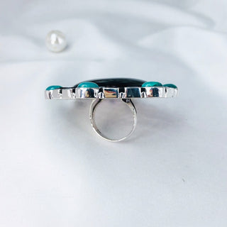 Natural Black Onyx, Turquoise & Blue Sapphire Gemstone Ring By Harshita Jewellery