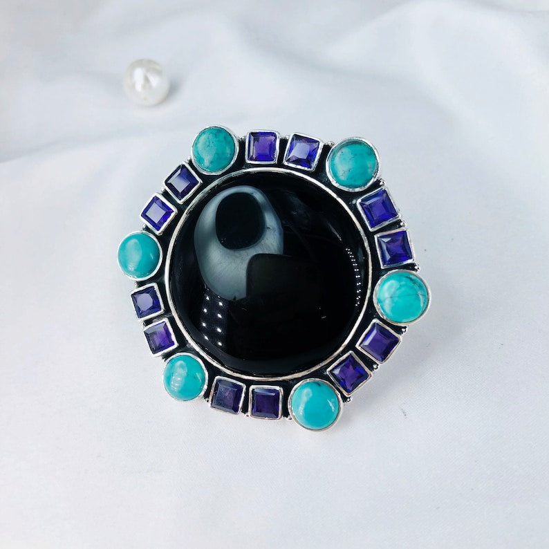 Natural Black Onyx, Turquoise & Blue Sapphire Gemstone Ring By Harshita Jewellery