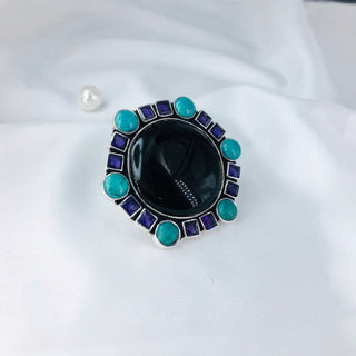 Natural Black Onyx, Turquoise & Blue Sapphire Gemstone Ring By Harshita Jewellery