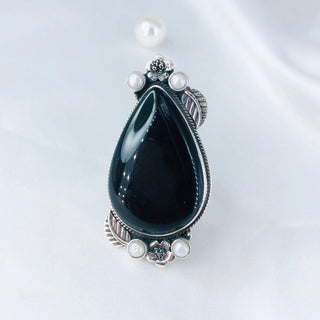 Natural Black Onyx & White Pearl Gemstone Ring By Harshita Jewellery