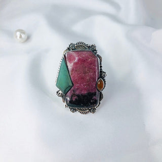 Natural Rhodonite, Chrysoprase, Carnelian Gemstone Ring By Harshita Jewellery
