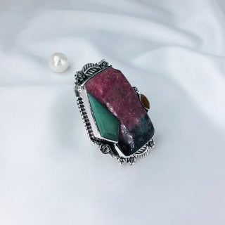 Natural Rhodonite, Chrysoprase, Carnelian Gemstone Ring By Harshita Jewellery