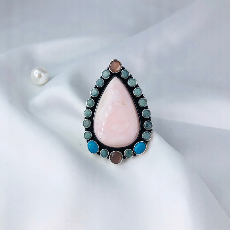 Natural Pink Opal, Amazonite, Peach Moonstone & Turquoise Ring By Harshita Jewellery
