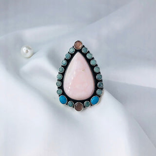 Natural Pink Opal, Amazonite, Peach Moonstone & Turquoise Ring By Harshita Jewellery