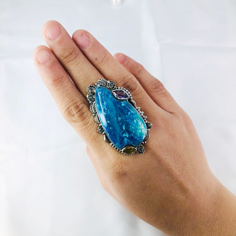 Natural Chrysocolla, Amethyst & Peridot Ring By Harshita Jewellery