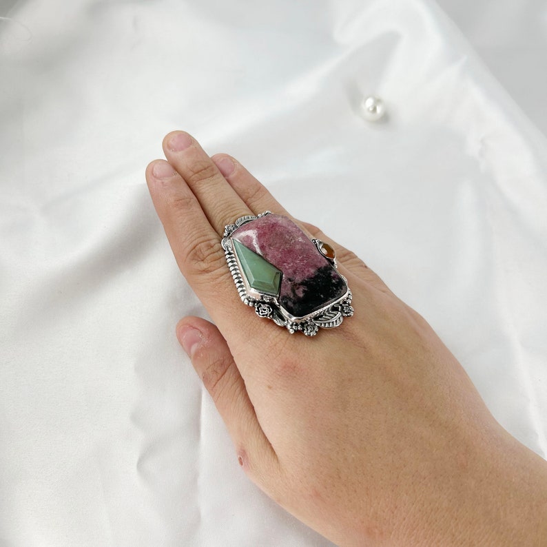 Natural Rhodonite, Chrysoprase, Carnelian Gemstone Ring By Harshita Jewellery