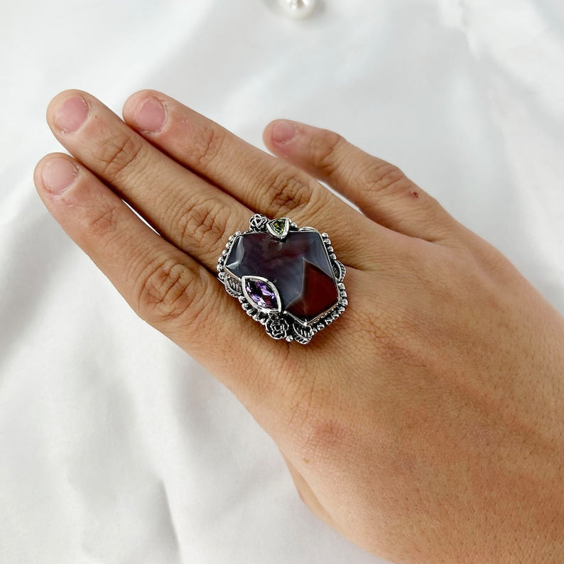 Natural Botswana agate Ring, Amethyst & Peridot Gemstone Ring By Harshita Jewellery