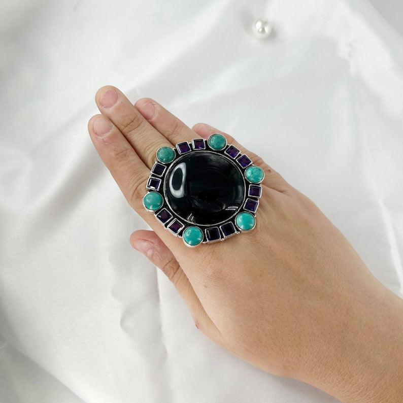 Natural Black Onyx, Turquoise & Blue Sapphire Gemstone Ring By Harshita Jewellery