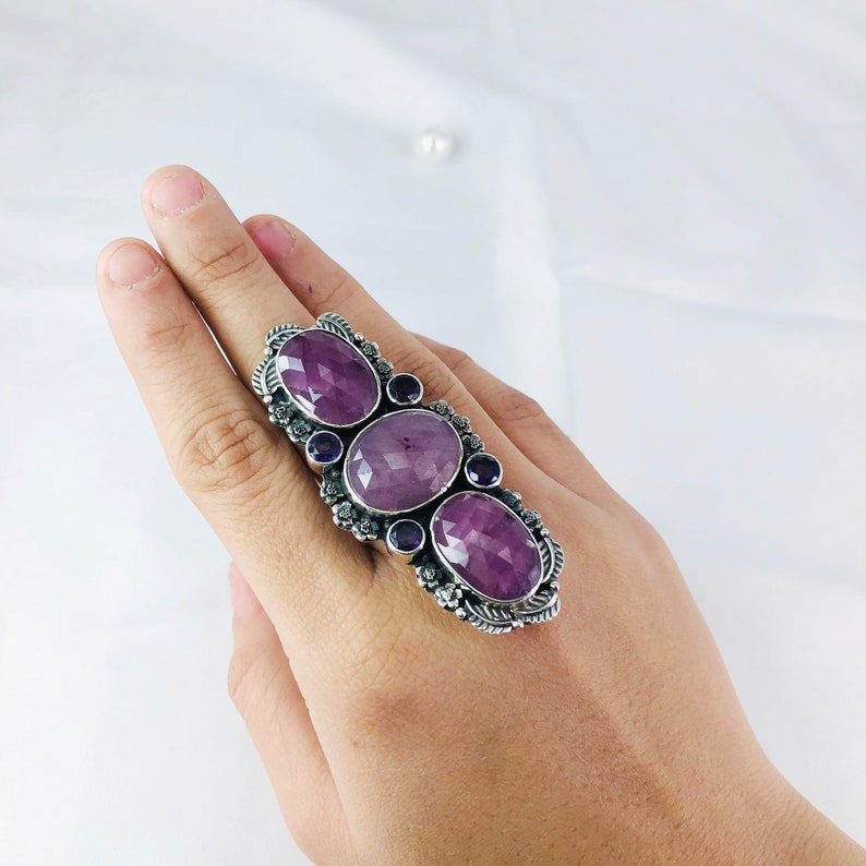 Faceted Amethyst & Ruby Ring By Harshita Jewellery