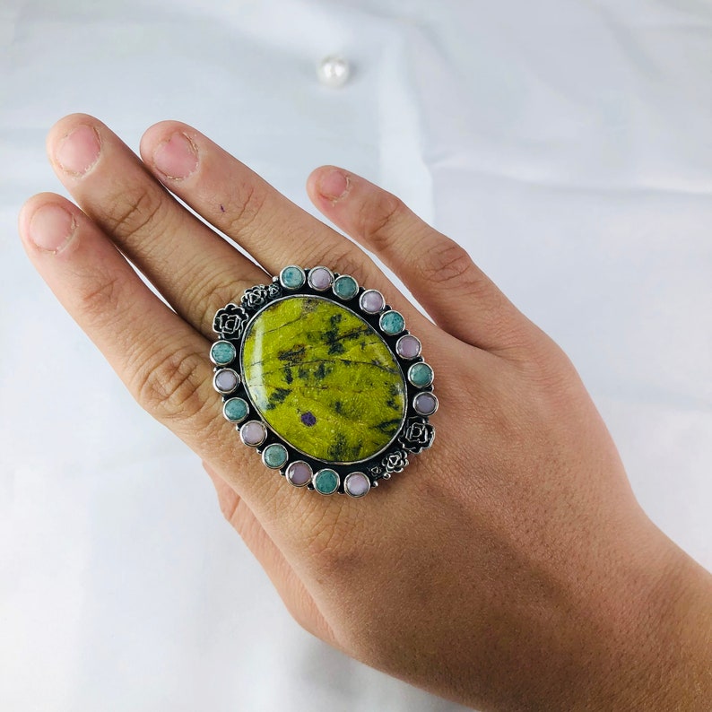 Pink Opal, Amazonite & Atlantisite Stichtite Ring By Harshita Jewellery