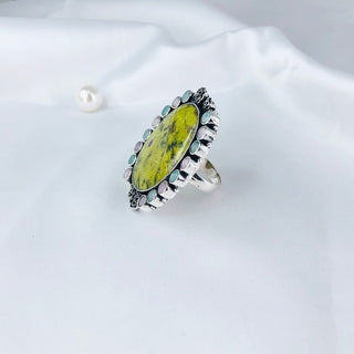 Pink Opal, Amazonite & Atlantisite Stichtite Ring By Harshita Jewellery