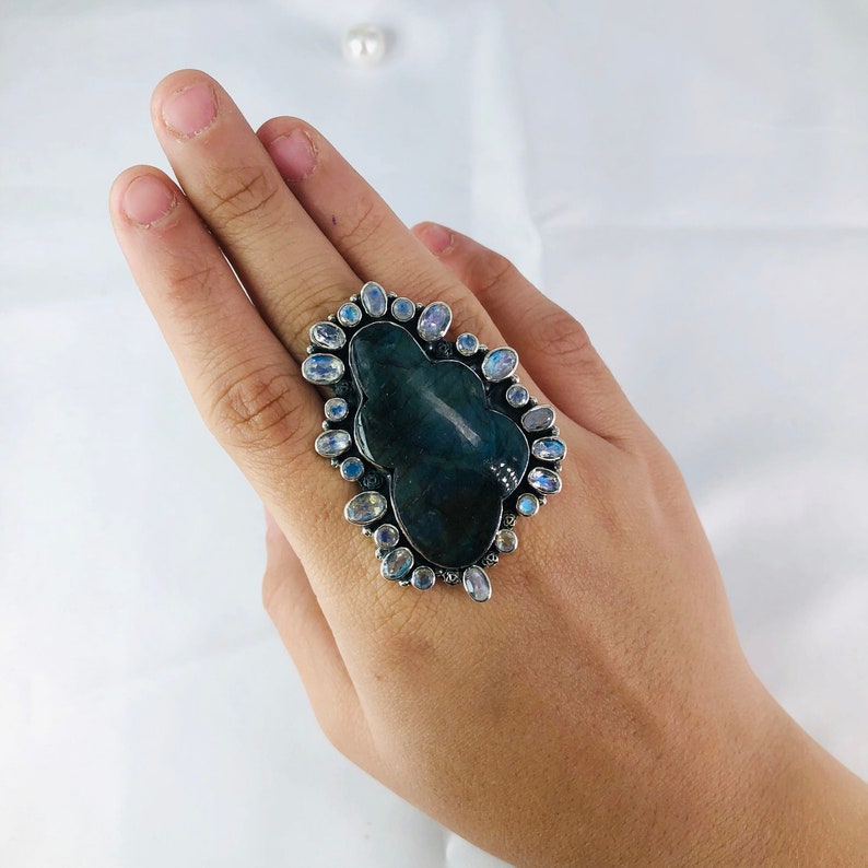 Natural Labradorite & Rainbow Moonstone Gemstone Ring By Harshita Jewellery