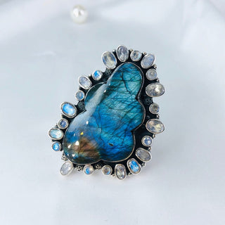 Natural Labradorite & Rainbow Moonstone Gemstone Ring By Harshita Jewellery
