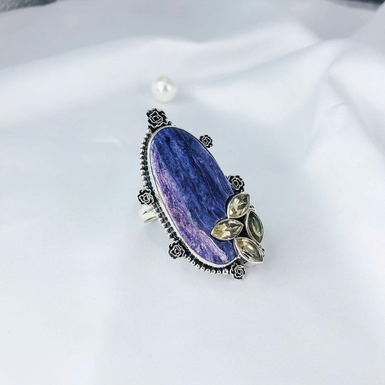 Charoite & Citrine Gemstone Ring By Harshita Jewellery