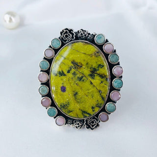 Pink Opal, Amazonite & Atlantisite Stichtite Ring By Harshita Jewellery