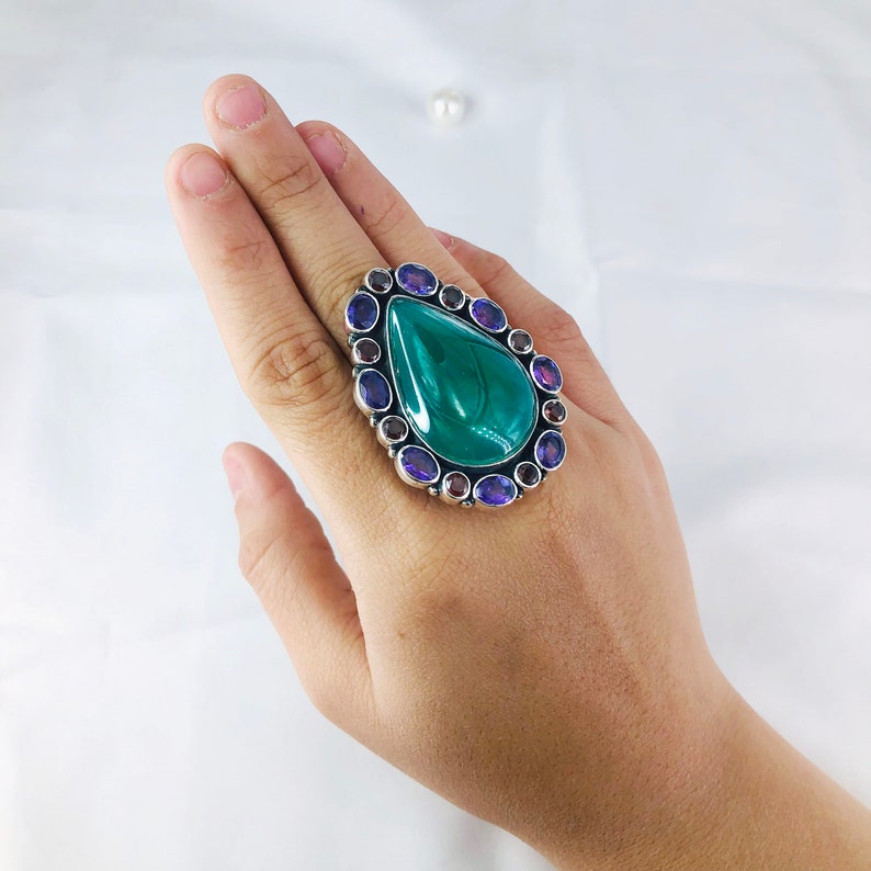 Natural Amethyst, Garnet & Green Onyx Ring By Harshita Jewellery