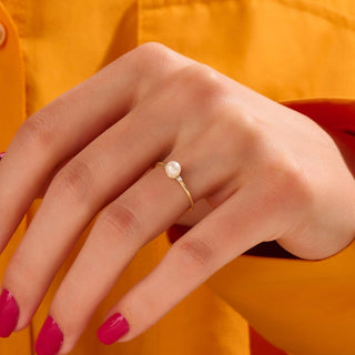 14k Gold Pearl Engagement Ring with Tiny Diamonds, Solid Gold Freshwater Pearl Ring, Dainty Minimalist Promise Rings, Handmade Stacking Ring