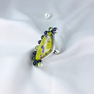 Atlantisite Stichtite Ring, Natural Stichtite, Amethyst & Prehnite Gemstone Ring By Harshita Jewellery