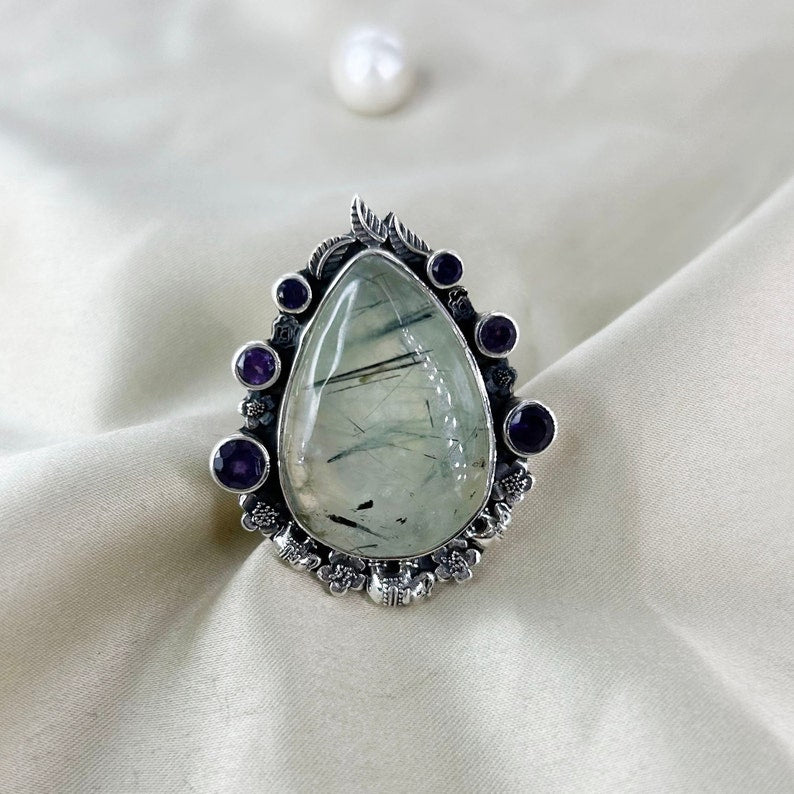 Natural Prehnite & Amethyst Ring By Harshita Jewellery
