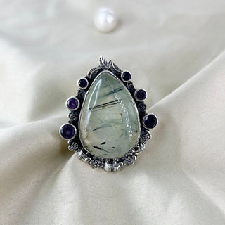Natural Prehnite & Amethyst Ring By Harshita Jewellery
