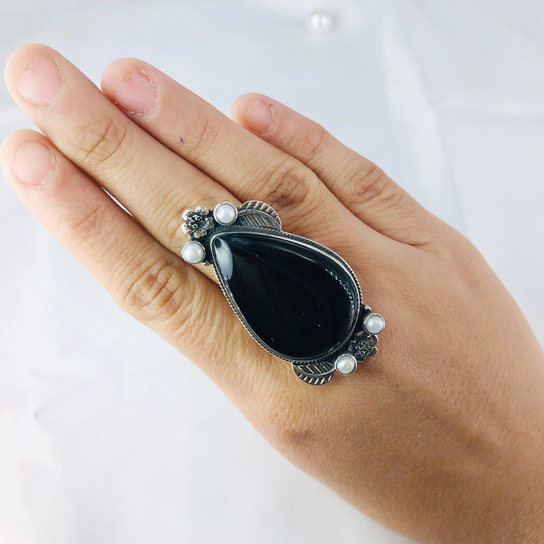 Natural Black Onyx & White Pearl Gemstone Ring By Harshita Jewellery