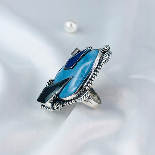 Lapis lazuli, Black Onyx And Larimar Ring By Harshita Jewellery
