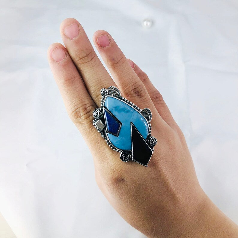 Lapis lazuli, Black Onyx And Larimar Ring By Harshita Jewellery