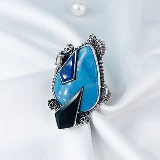 Lapis lazuli, Black Onyx And Larimar Ring By Harshita Jewellery