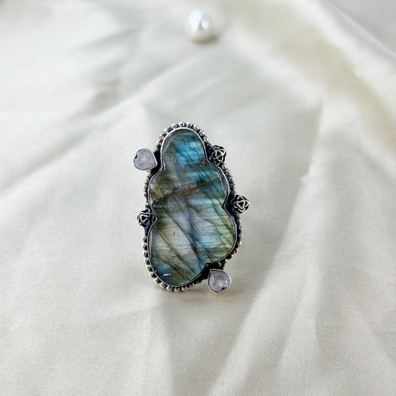 Labradorite & Moonstone Ring By Harshita Jewellery