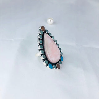 Natural Pink Opal, Amazonite, Peach Moonstone & Turquoise Ring By Harshita Jewellery