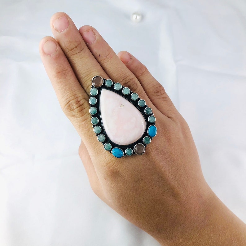 Natural Pink Opal, Amazonite, Peach Moonstone & Turquoise Ring By Harshita Jewellery