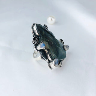 Natural Labradorite & Rainbow Moonstone Ring By Harshita Jewellery
