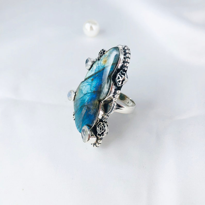 Natural Labradorite & Rainbow Moonstone Ring By Harshita Jewellery