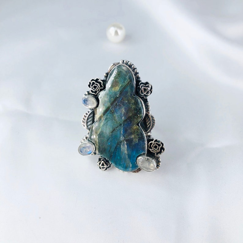 Natural Labradorite & Rainbow Moonstone Ring By Harshita Jewellery