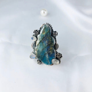 Natural Labradorite & Rainbow Moonstone Ring By Harshita Jewellery